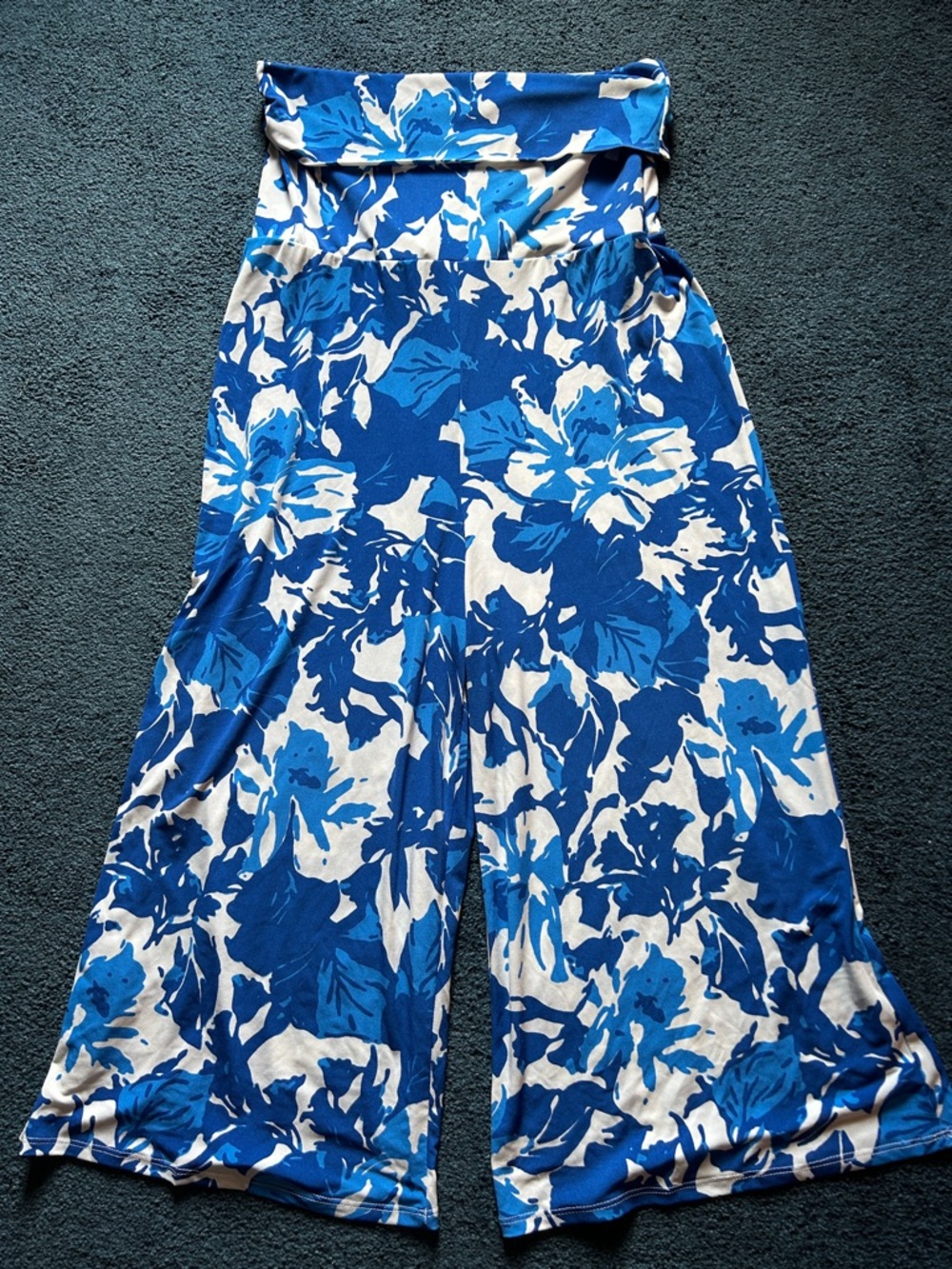 Blue Floral Wide-Leg Jumpsuit Pants with Foldover Waistband